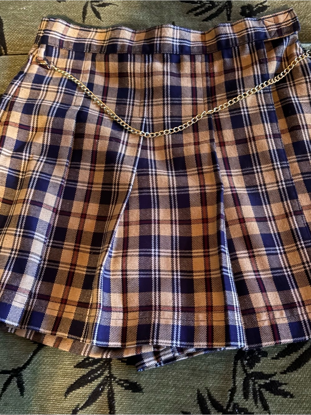Plaid Navy and Cream Girls' Pleated Skort with Chain Detail